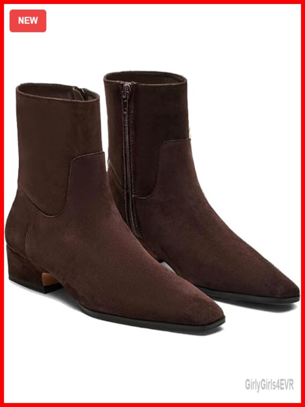Faux Leather Suede Ankle Booties Low Heel Square Toe Chunky Heel Side Zipper